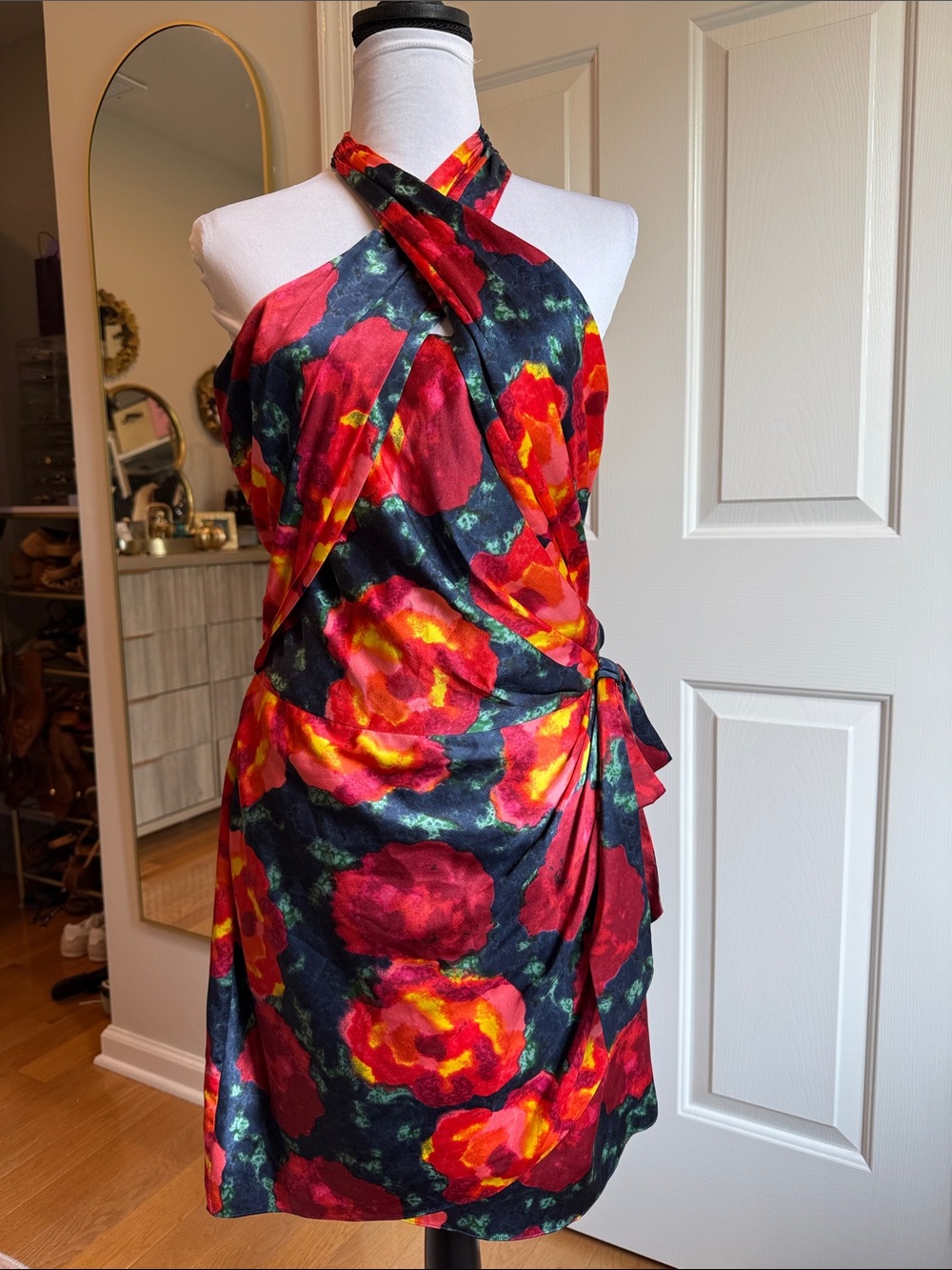 cinq a sept Floral 100% silk Dress in Red and Blue and pink